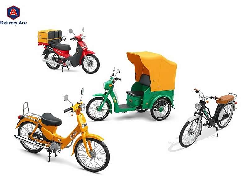Various delivery vehicles in Delivery Ace including motorcycle, auto-rickshaw, and bicycle